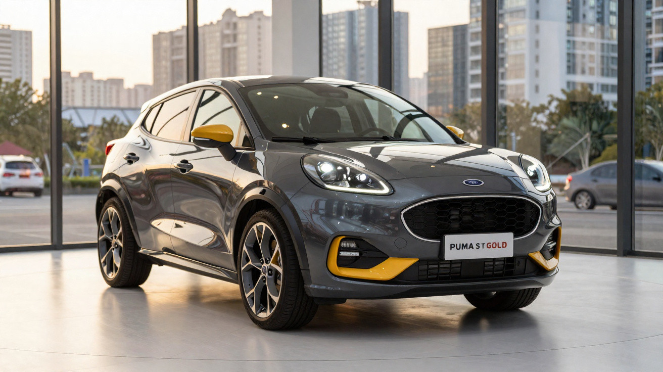 Carro Ford Puma ST Gold cinza com detalhes amarelos em showroom moderno com grandes janelas.