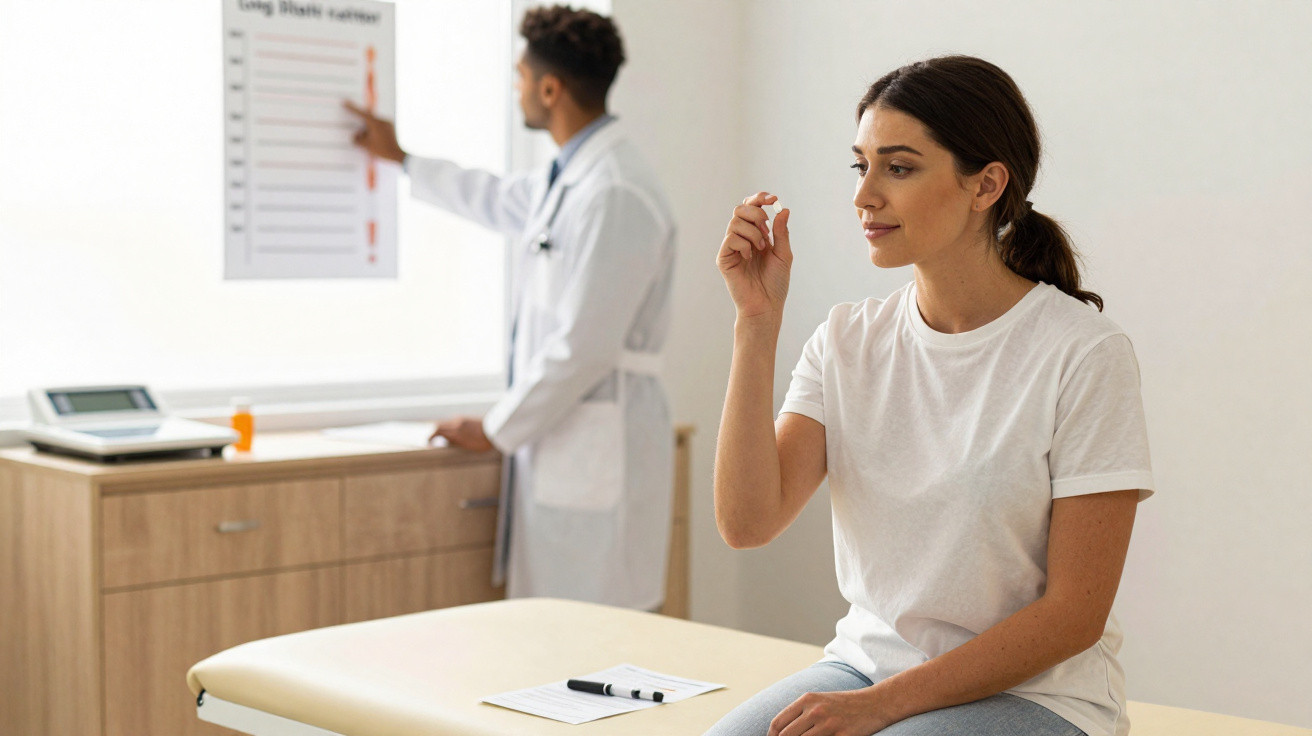 Mulher sorridente segura comprimido em consulta médica com doutor falando ao fundo.