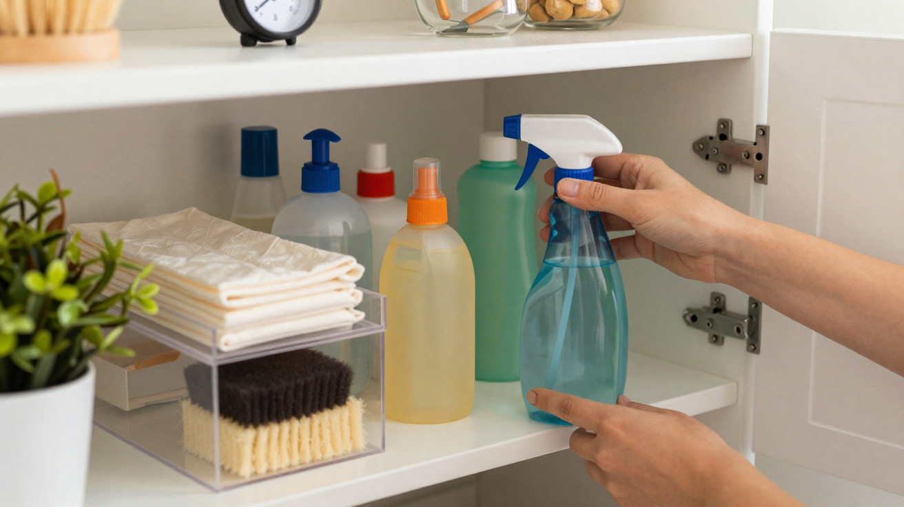 Mãos segurando borrifador transparente em armário branco com produtos de limpeza organizados.