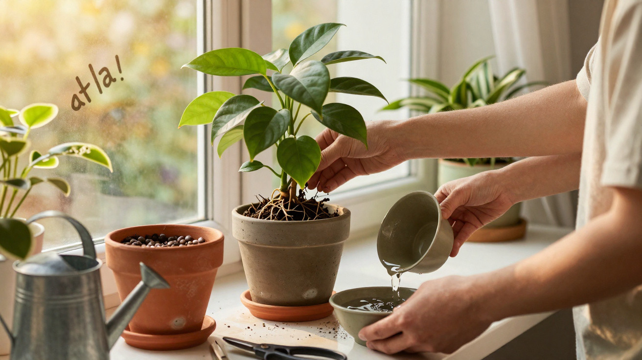 Pessoa retirando planta de vaso para regar raízes em recipiente, sobre balcão com regador e vasos.