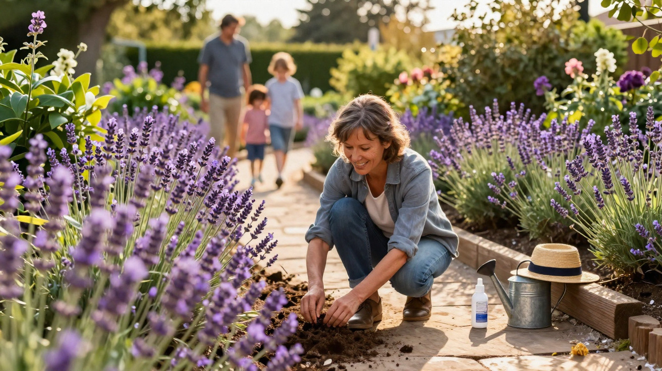 Mulher cuidando de flores em jardim de lavanda enquanto crianças caminham ao fundo em dia ensolarado.