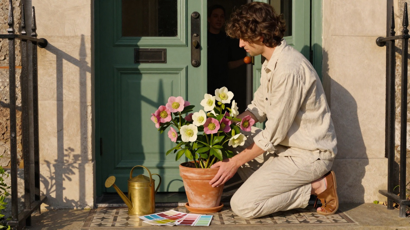 Mulher ajoelhada cuidando de vaso com flores coloridas na porta de casa com regador ao lado.