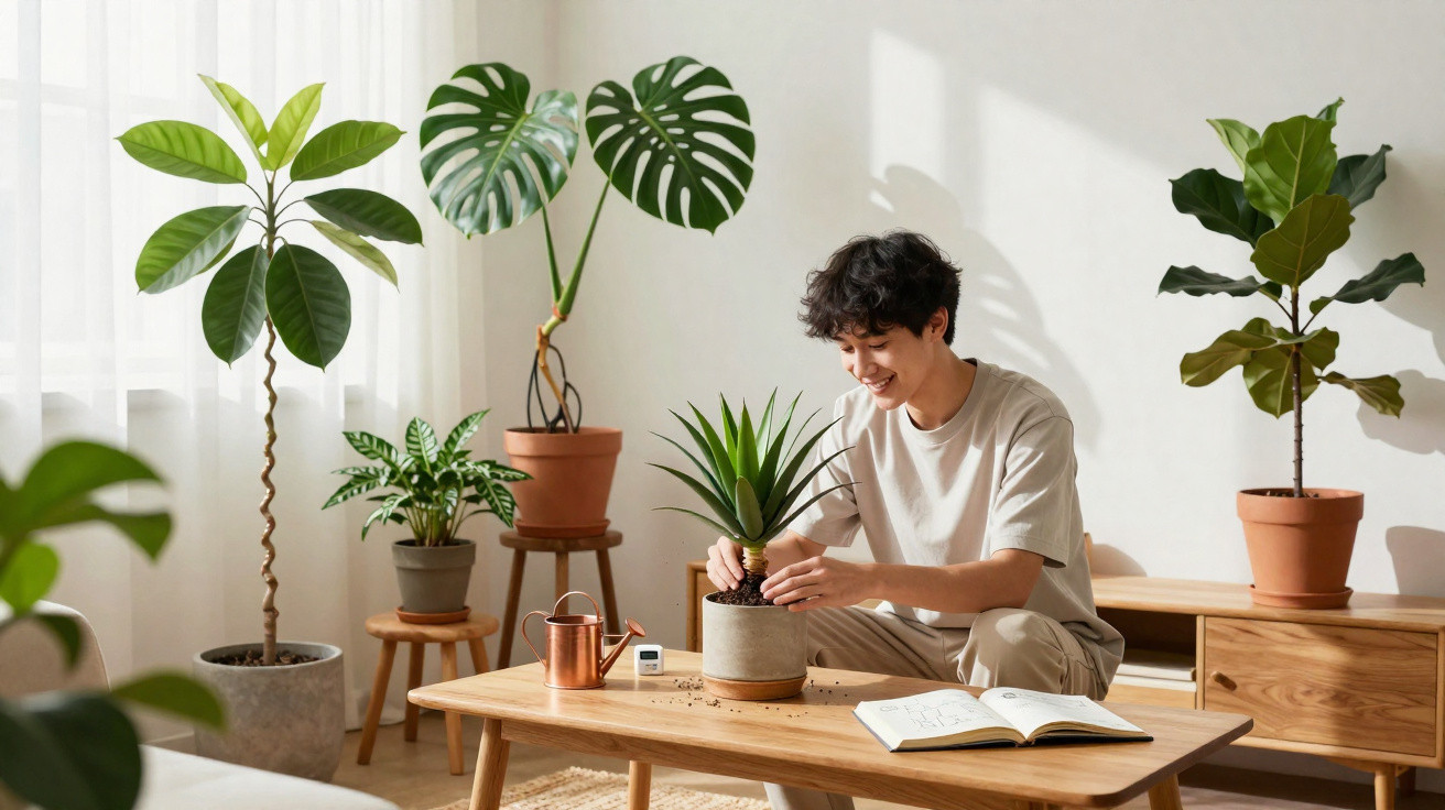 Pessoa cuidando de plantas em vaso em sala iluminada com várias plantas ao redor e móveis de madeira.