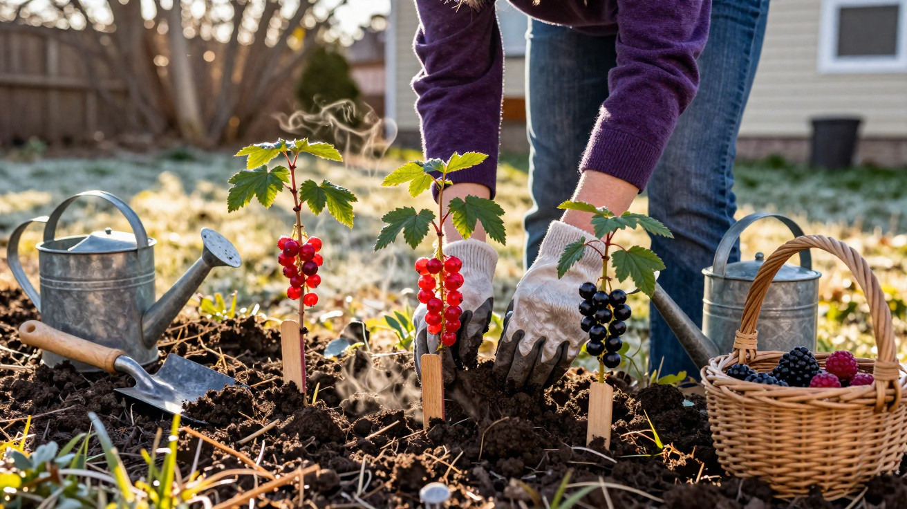 Pessoa plantando mudas de frutas vermelhas em jardim, com regador, pá e cesta de frutas ao lado.