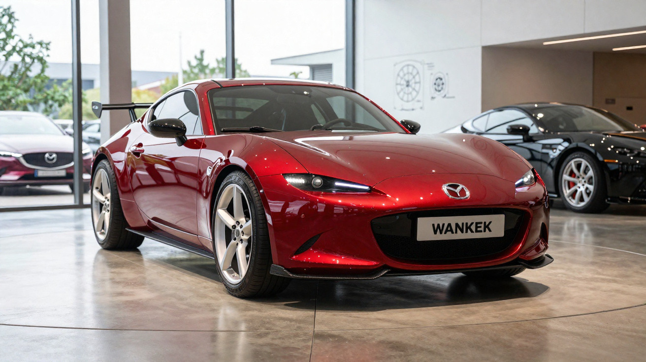 Carro esportivo vermelho Mazda Wankel em exposição interna com faróis acesos.