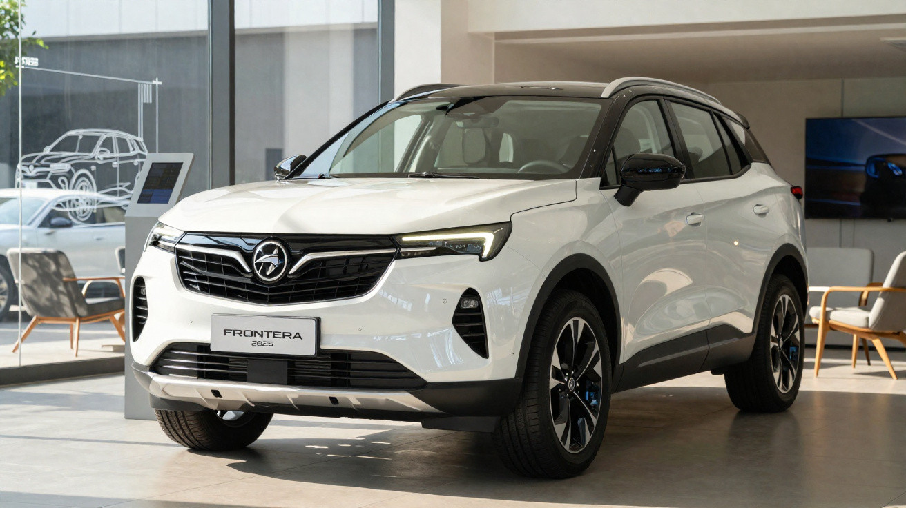 Carro SUV branco modelo Frontera 2025 em exposição dentro de showroom moderno e iluminado.
