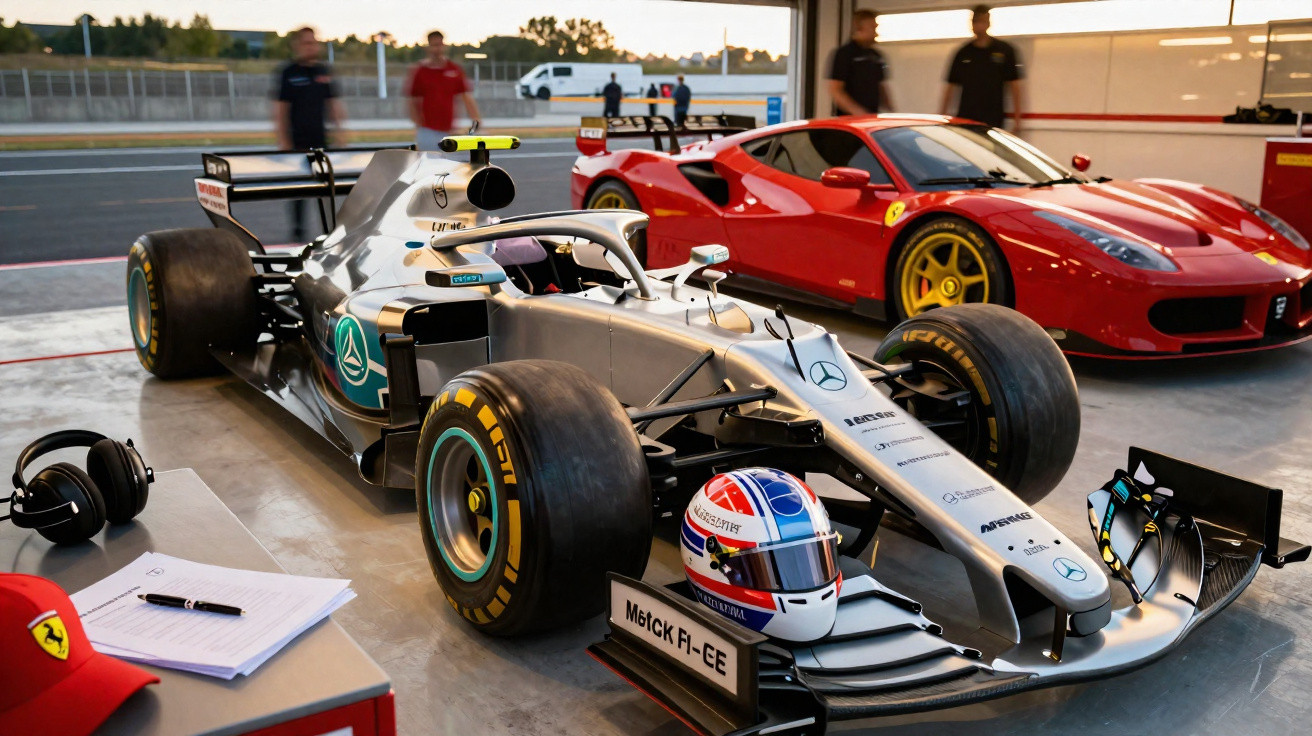 Carro de Formula 1 prata na garagem com capacete colorido no cockpit e Ferrari vermelha ao fundo.
