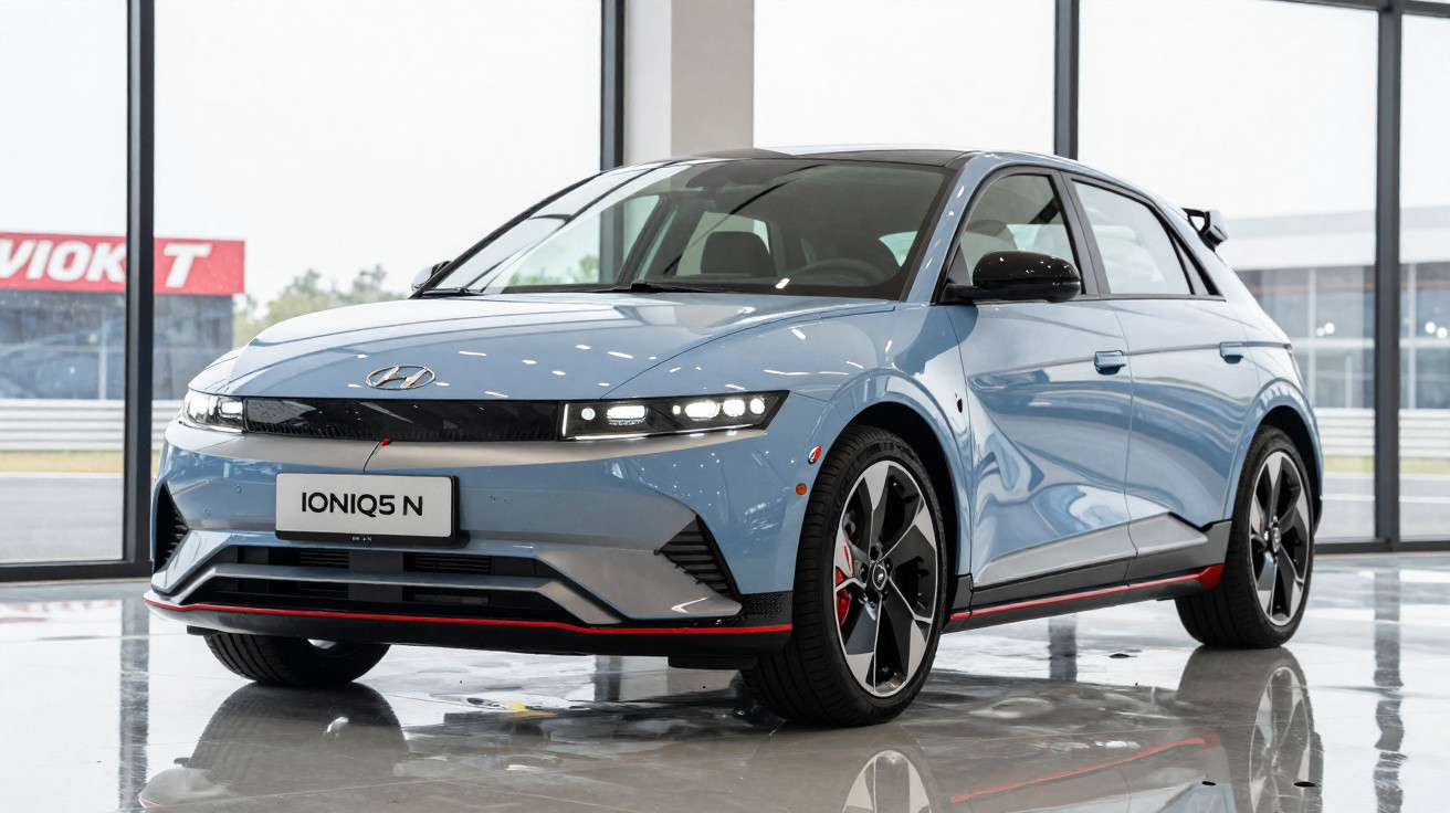 Carro elétrico Hyundai Ioniq 5 N azul claro estacionado dentro de showroom com janelas grandes.