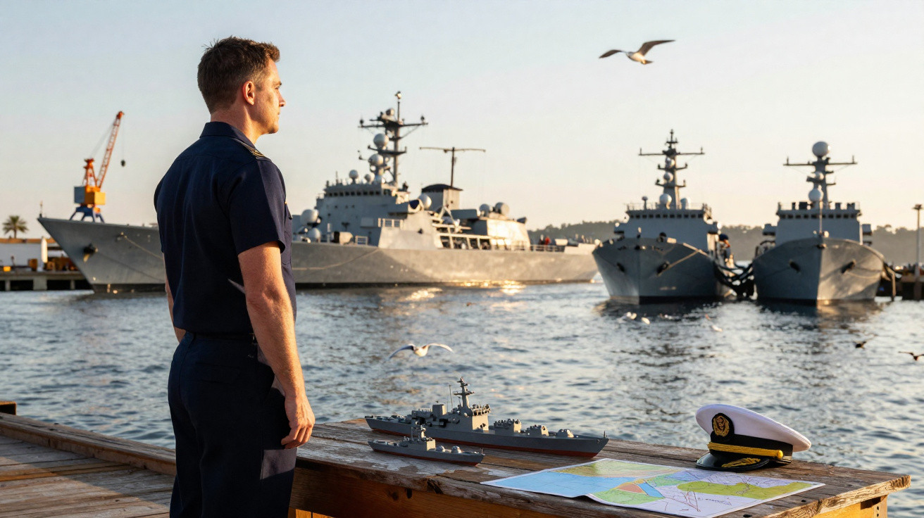 Marinheiro observa o mar ao lado de modelos de navios e um mapa em um píer ao entardecer.