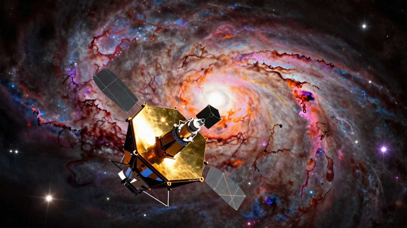 Nave espacial dourada com painéis solares em frente a uma galáxia espiral colorida e brilhante no espaço.