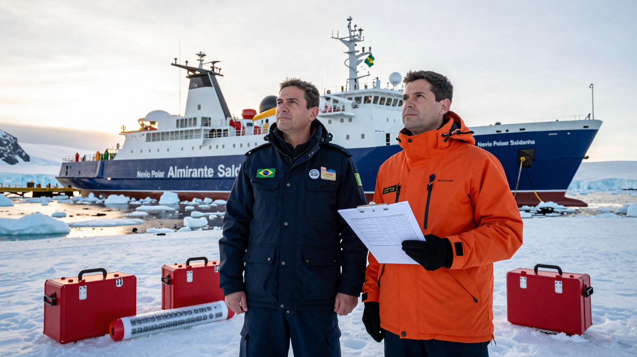 Dois homens em roupas de frio ao lado de caixas vermelhas na neve, com navio polar brasileiro ao fundo.