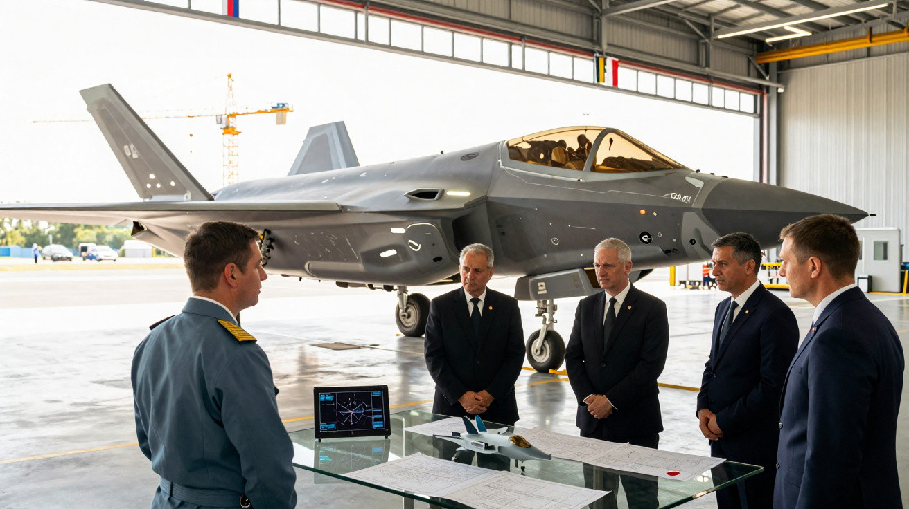 Quatro homens em uniforme observam modelo e computador com jato militar em hangar.