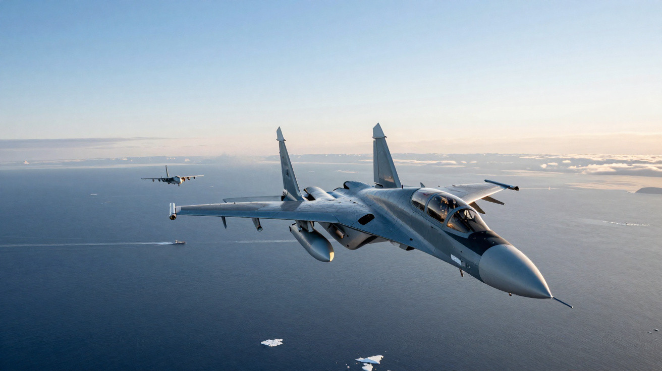 Caça militar voando sobre oceano com icebergs e horizonte ao fundo em dia claro.