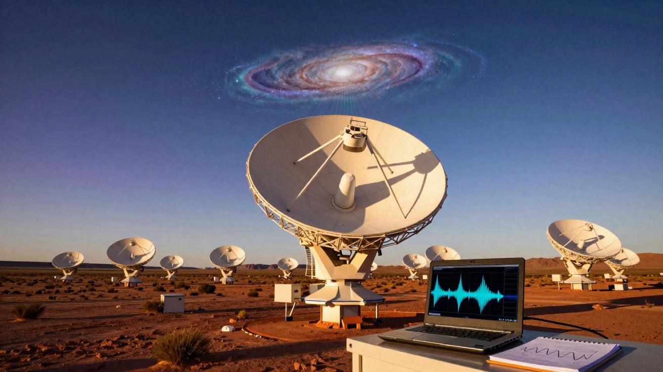 Antenas parabólicas no deserto ao entardecer com laptop exibindo ondas sonoras em primeiro plano.