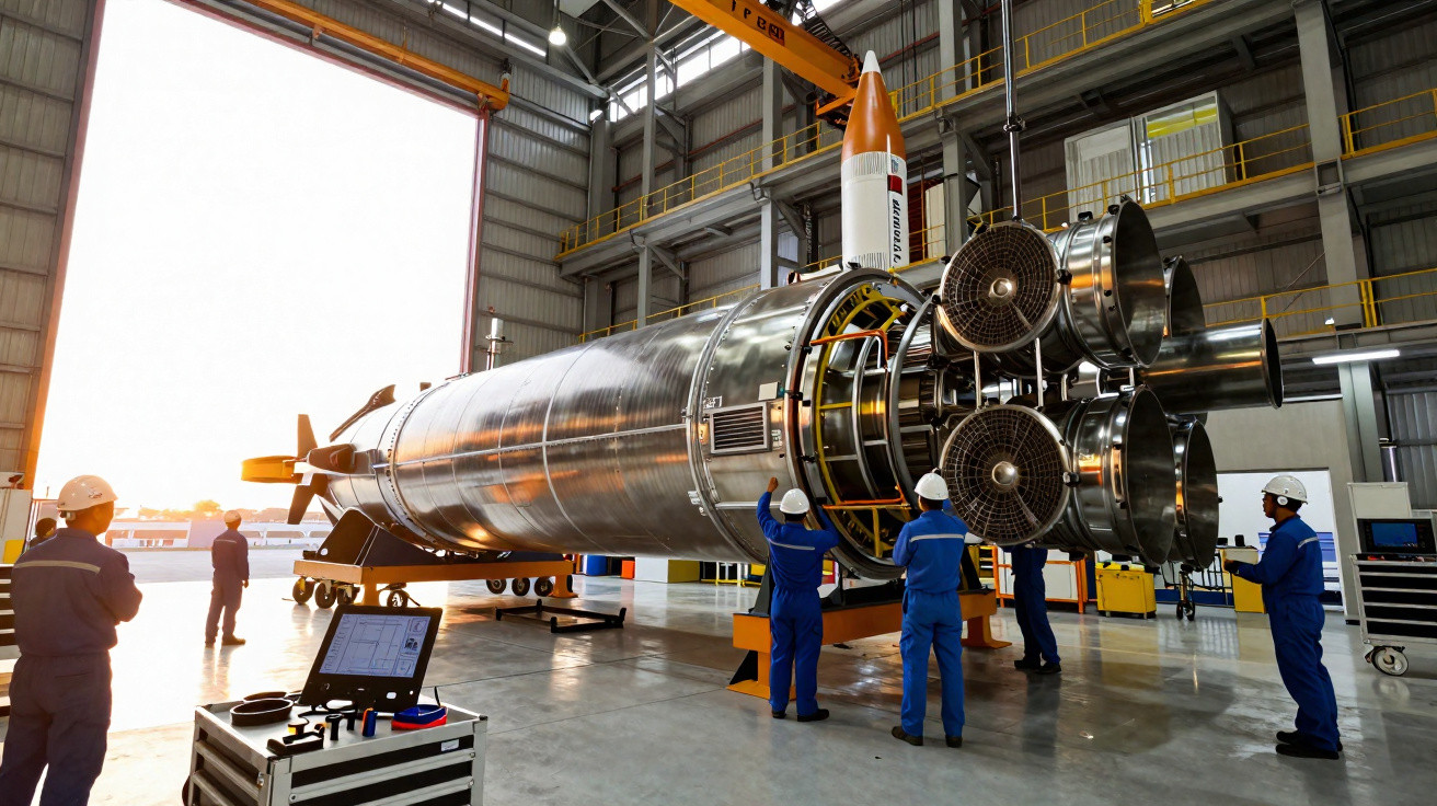 Engenheiros trabalham em motor de foguete em hangar com peças e estruturas de lançadores ao fundo.