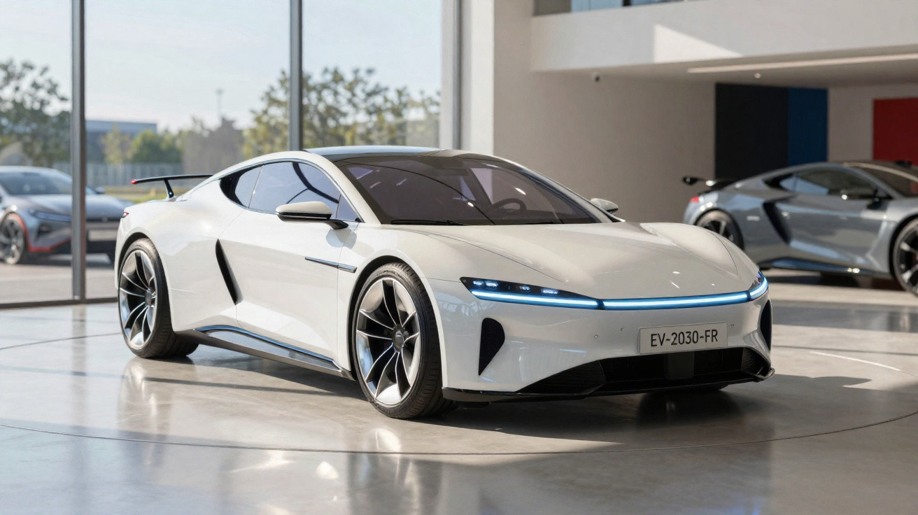 Carro elétrico branco com design futurista estacionado em showroom moderno com paredes de vidro.