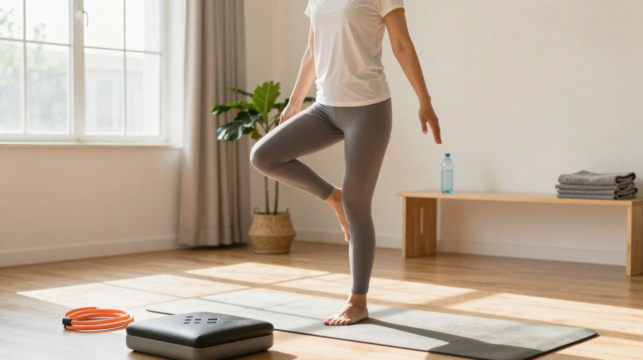 Pessoa fazendo alongamento em tapete de yoga em ambiente iluminado com planta e prancha de equilíbrio.