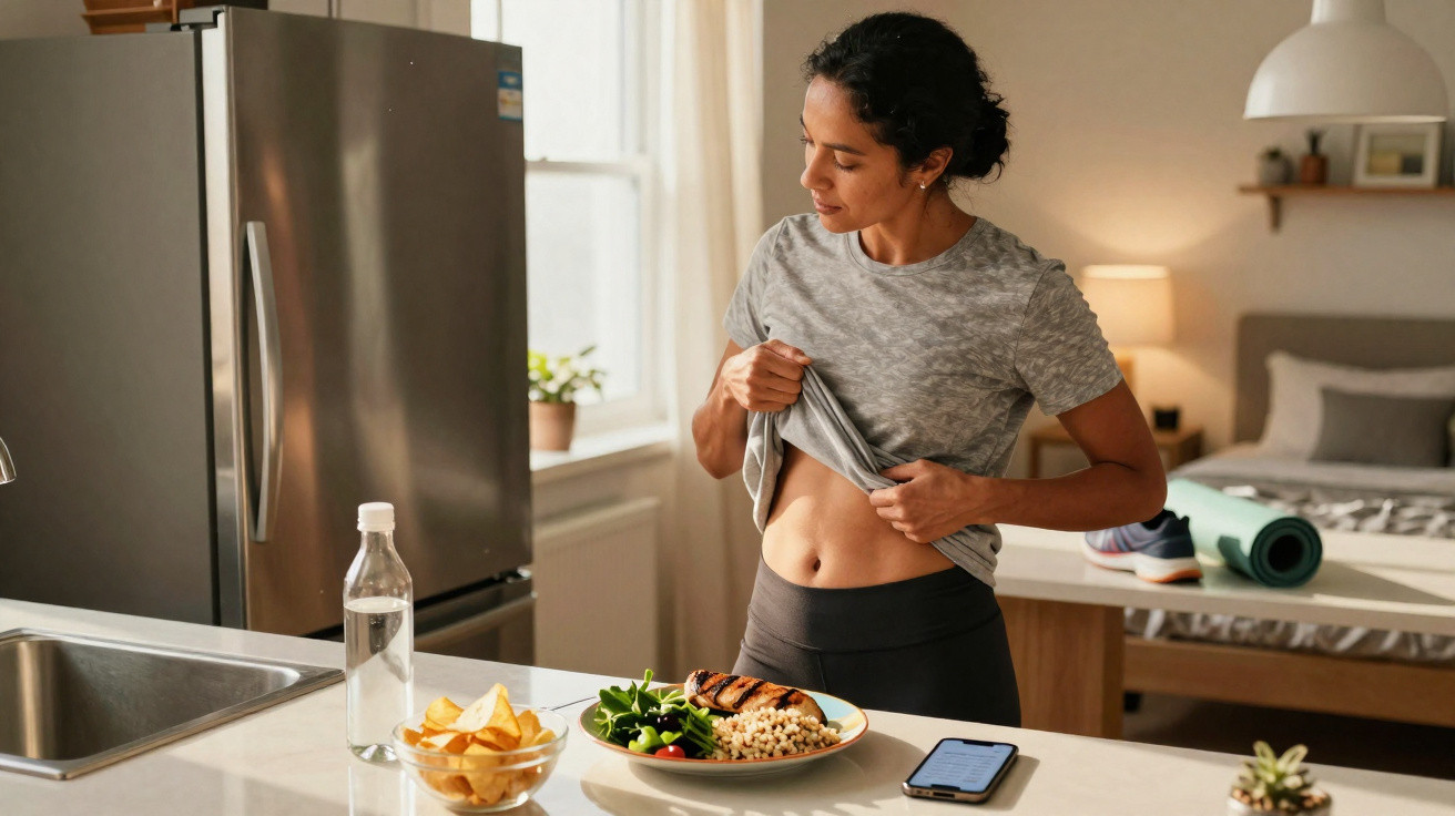 Mulher em roupa esportiva observando sua barriga na cozinha com comida saudável à frente.