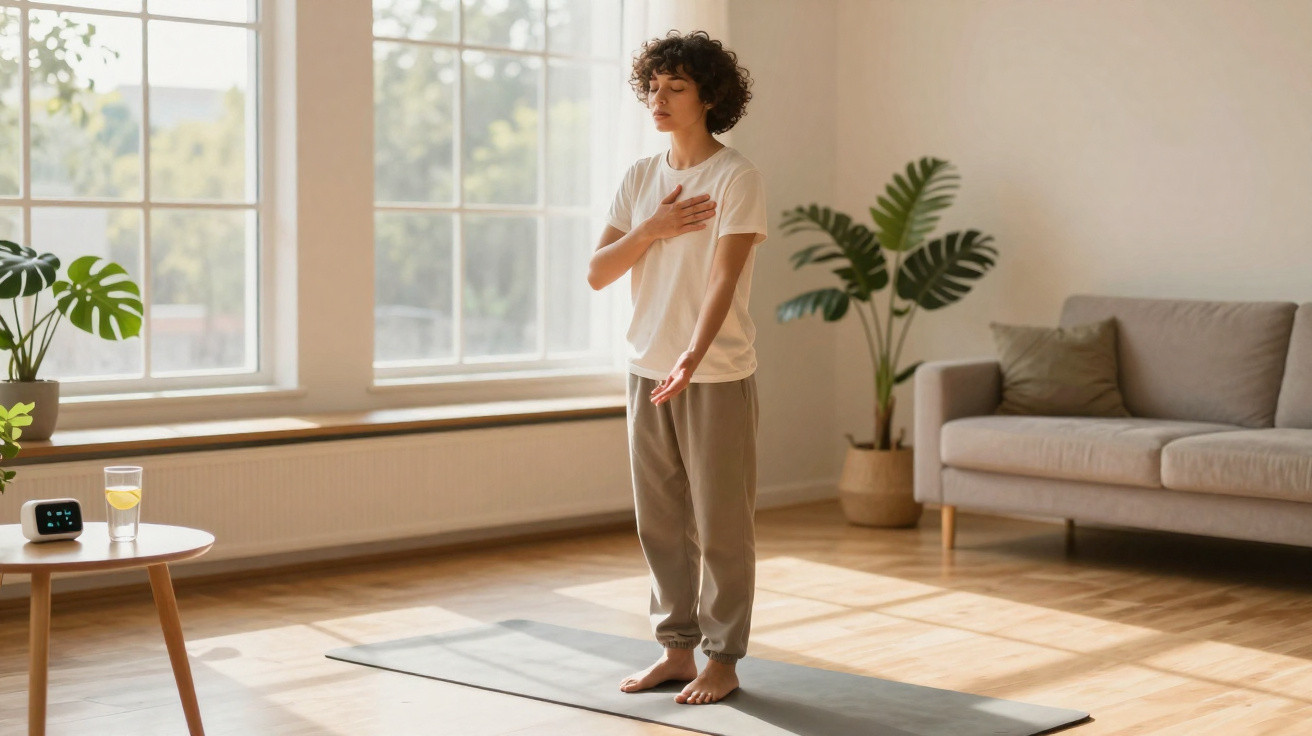 Pessoa de pé no tapete de yoga em sala iluminada, praticando respiração consciente com os olhos fechados.