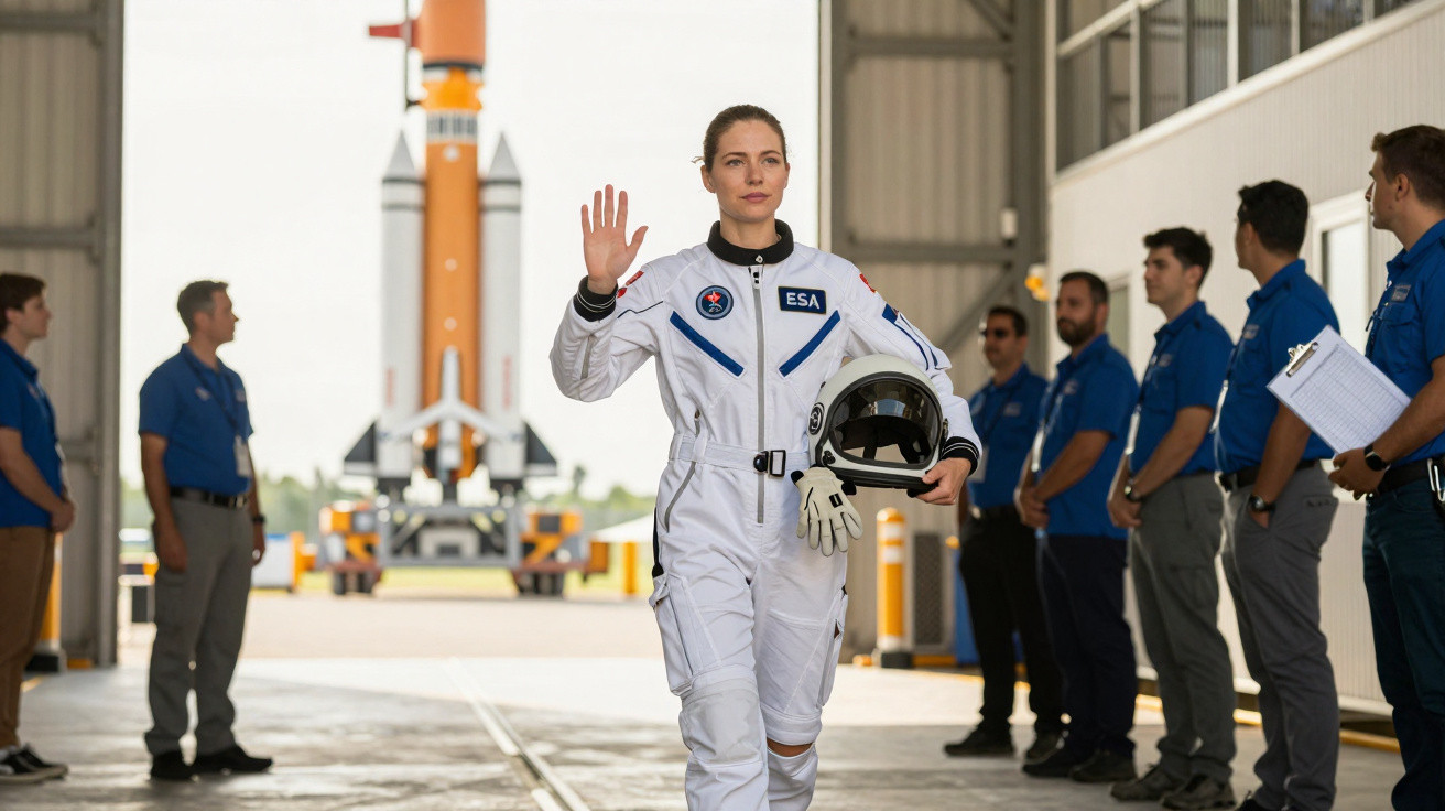 Astronauta feminina em traje espacial branco acenando, com foguete ao fundo e equipe em azul ao redor.