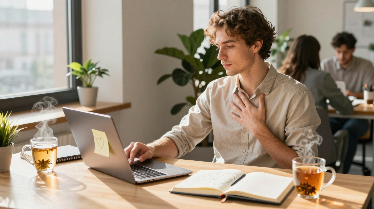 Homem jovem com expressão cansada trabalha em laptop com chá ao lado em ambiente de escritório.