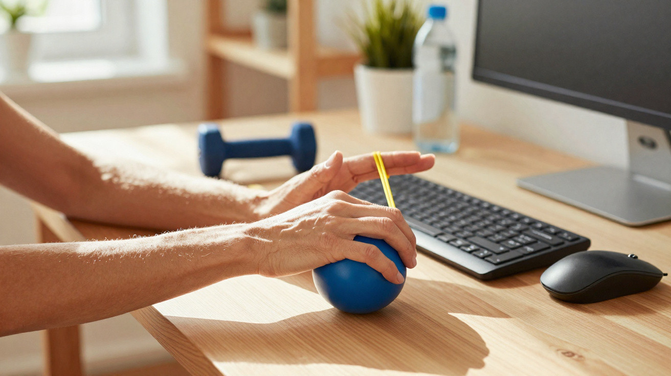 Pessoa usando bola e faixa elástica para exercícios de mão em mesa com teclado e halteres ao fundo.