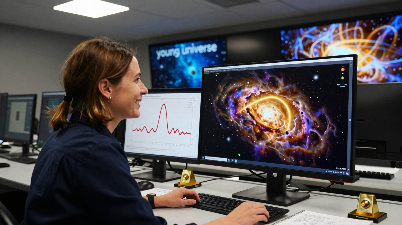 Mulher observando imagens de galáxias em três monitores durante trabalho em escritório.
