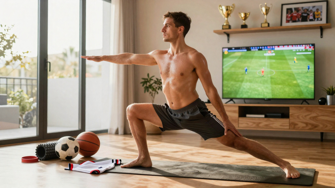 Homem fazendo alongamento em sala com bola de futebol, basquete e TV ligada mostrando jogo de futebol.