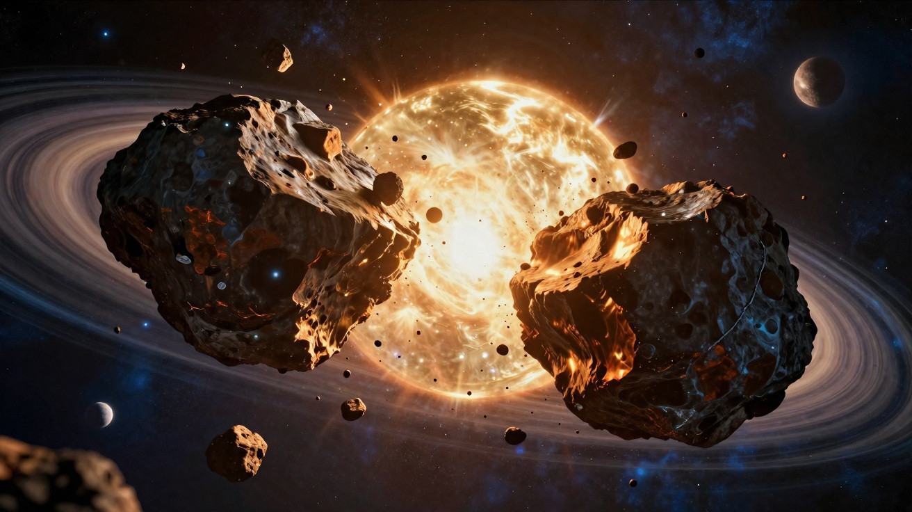 Dois grandes asteroides com partes incandescentes flutuam perto de uma estrela brilhante com planetas ao redor.