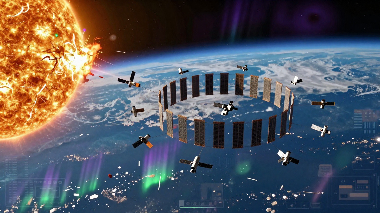 Simulação da Terra no espaço com satélites orbitando em círculo e o Sol em erupção ao fundo.
