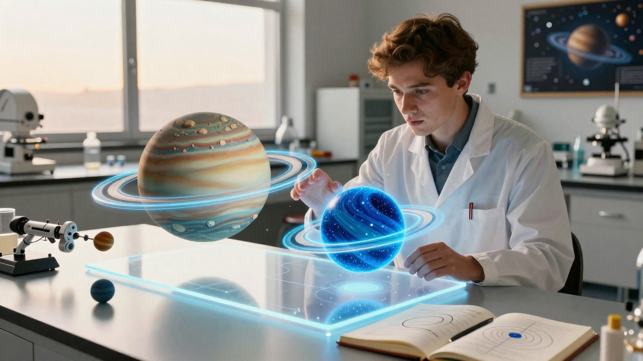 Jovem cientista em laboratório interage com modelos holográficos de planetas em mesa de estudo.