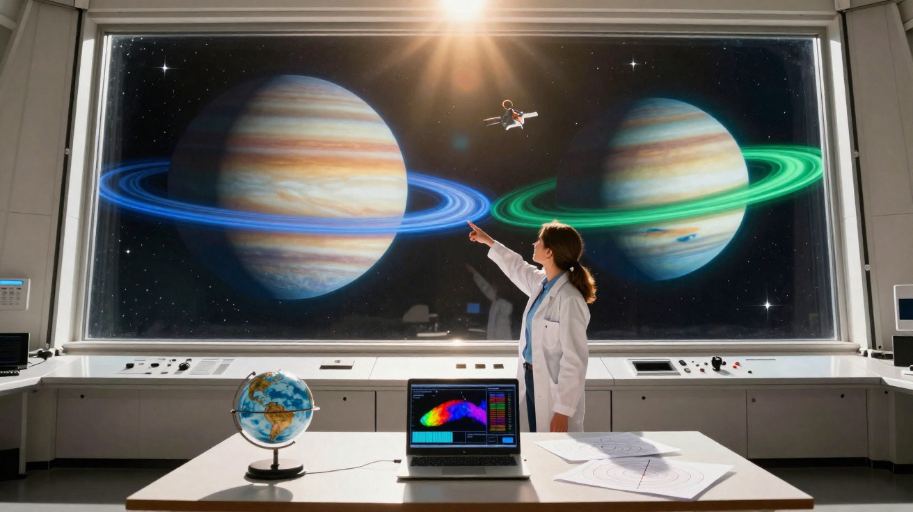 Cientista em laboratório aponta para planetas com anéis coloridos em uma grande janela espacial.