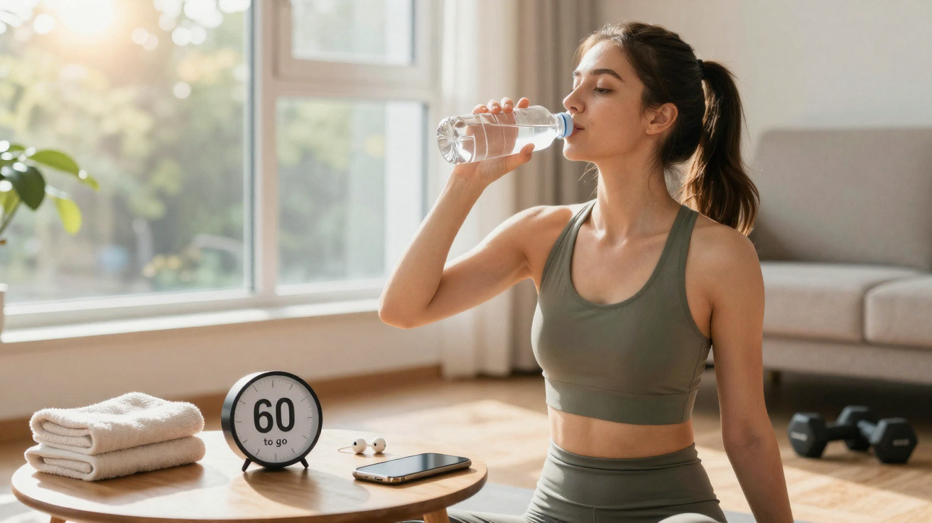 Mulher bebendo água após exercícios em sala com tapete, toalha e halteres ao fundo.