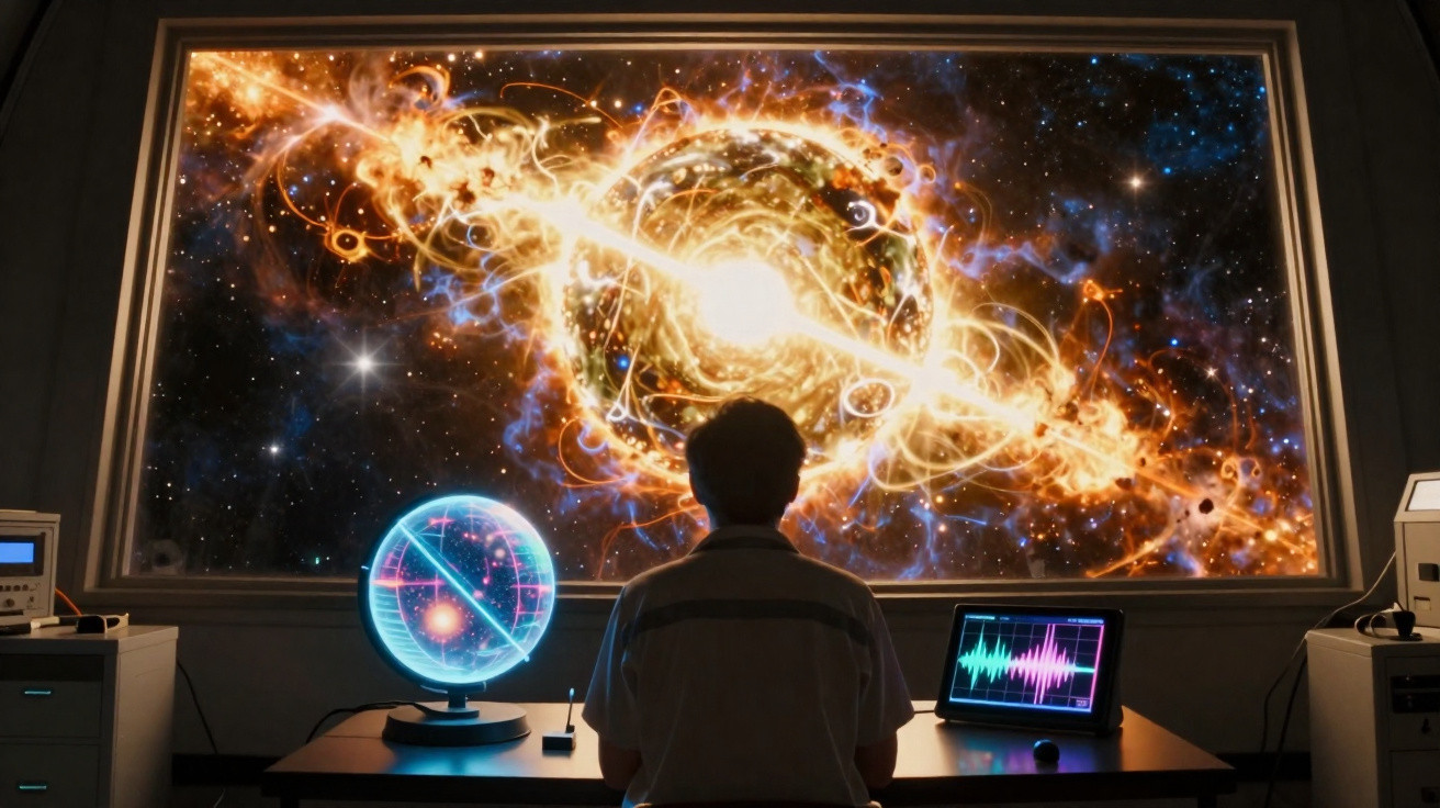 Cientista observa grande explosão cósmica com laboratório tecnológico futurista ao redor.
