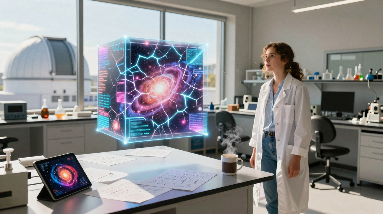 Cientista em laboratório observa holograma 3D de galáxia com dados e códigos ao redor.