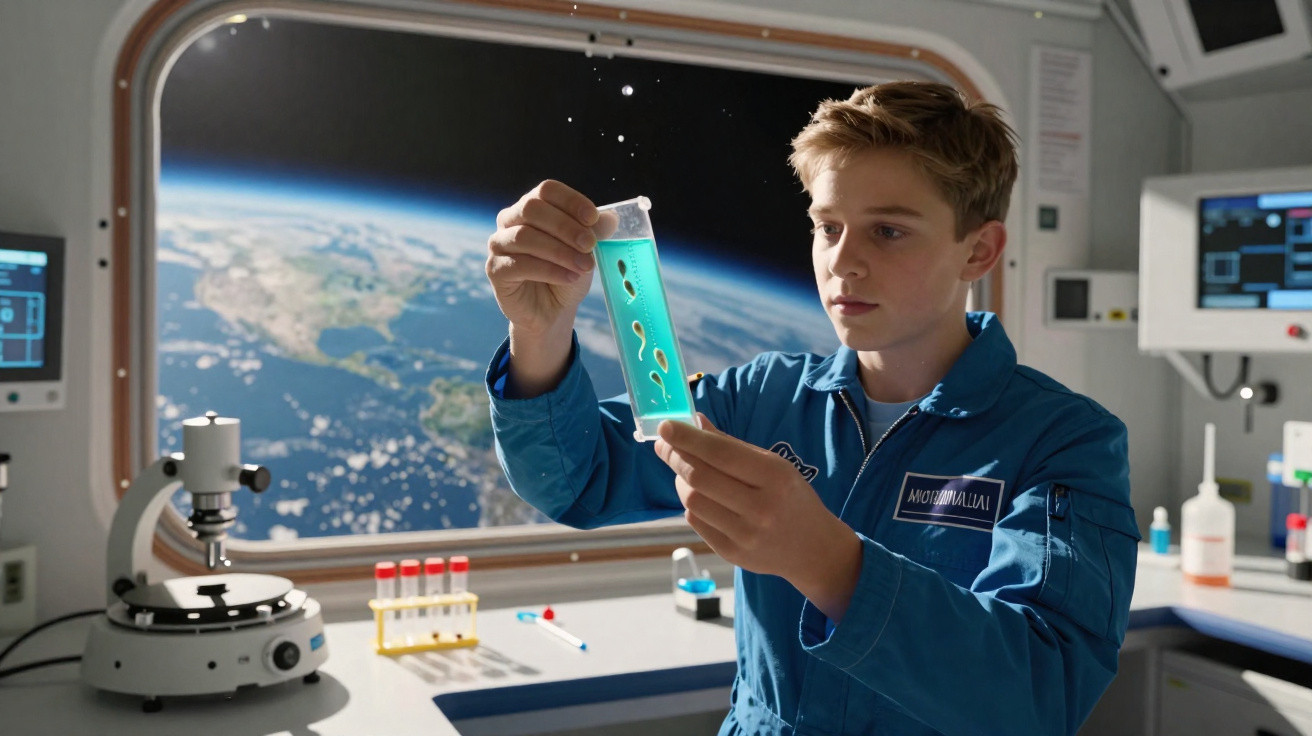 Criança com macacão azul segurando placa transparente em laboratório espacial com vista da Terra.
