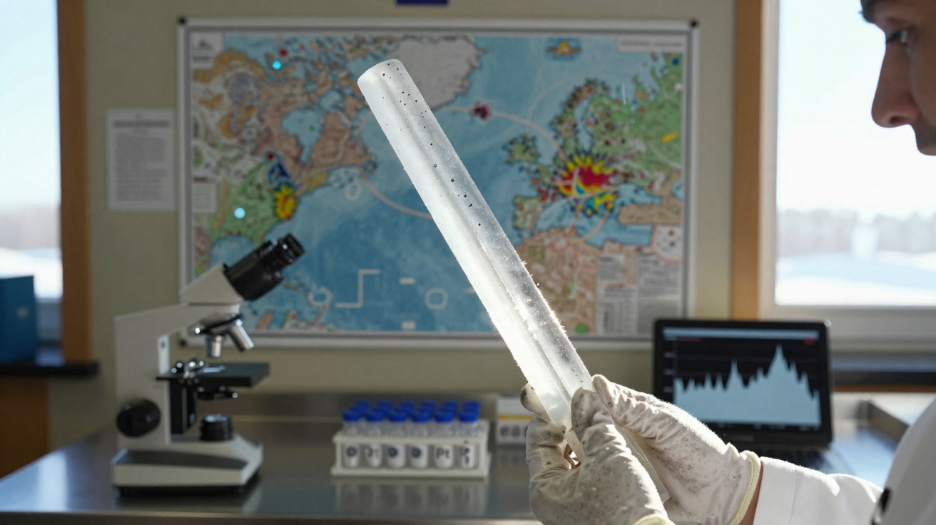 Mão com luva segurando tubo de ensaio em laboratório com microscópio e mapa ao fundo.