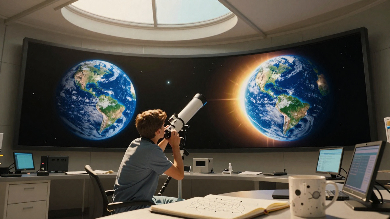 Jovem estudando imagens da Terra em duas telas grandes com telescópio em ambiente de laboratório.