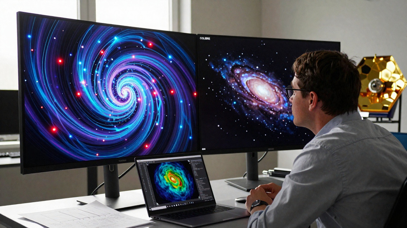 Homem analisando imagens e gráficos espaciais coloridos em dois monitores grandes e um laptop.