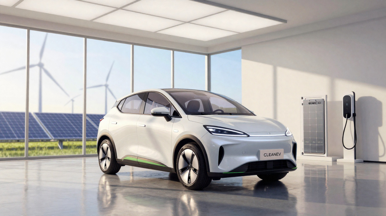 Carro elétrico branco estacionado em ambiente com painéis solares e turbinas eólicas ao fundo.