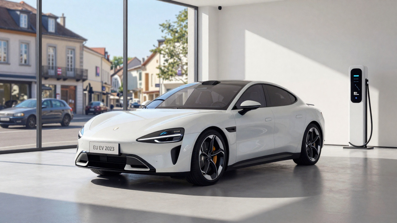 Carro elétrico branco estacionado em showroom com estação de recarga e tela digital na parede.