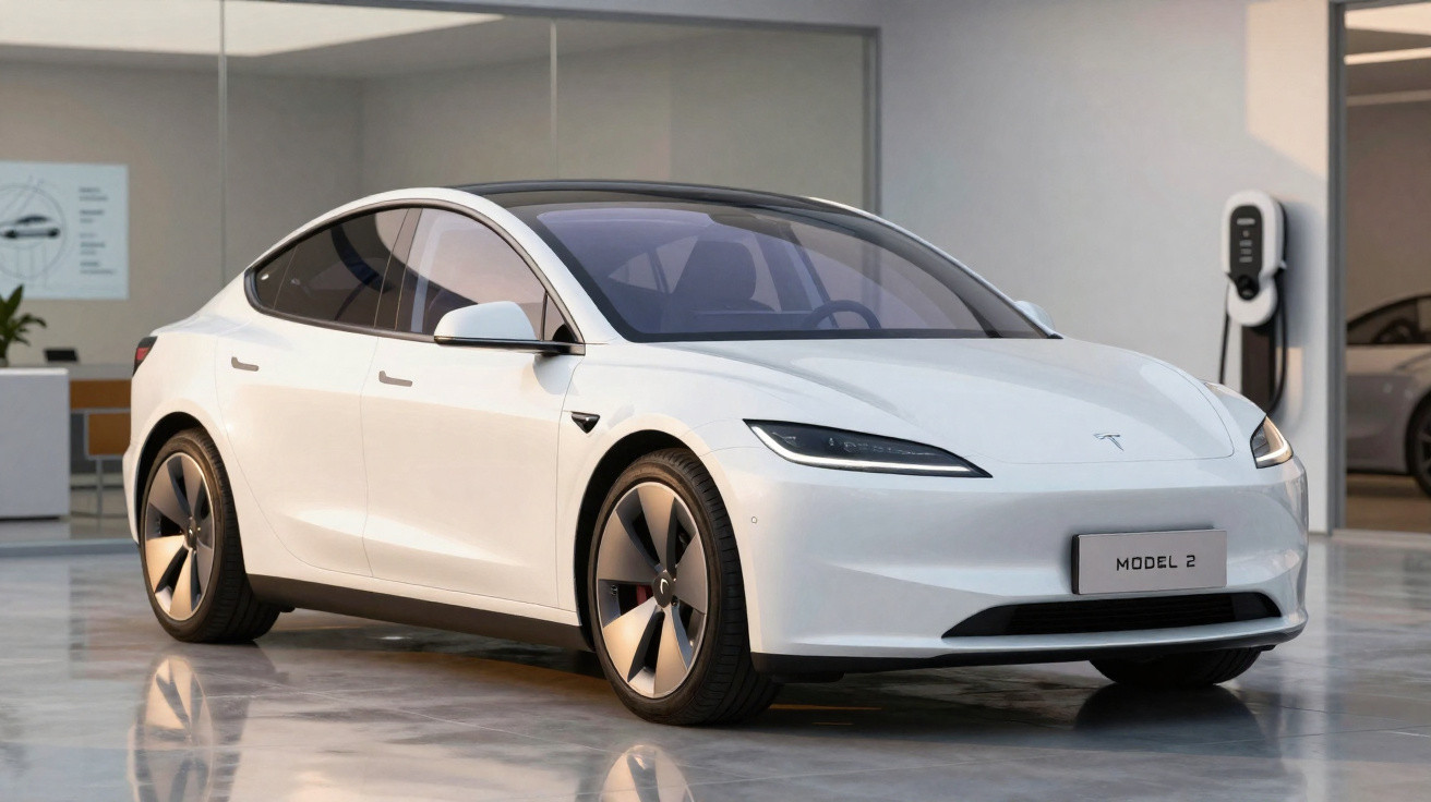 Carro elétrico Tesla Model 2 branco estacionado em ambiente interno moderno e iluminado.