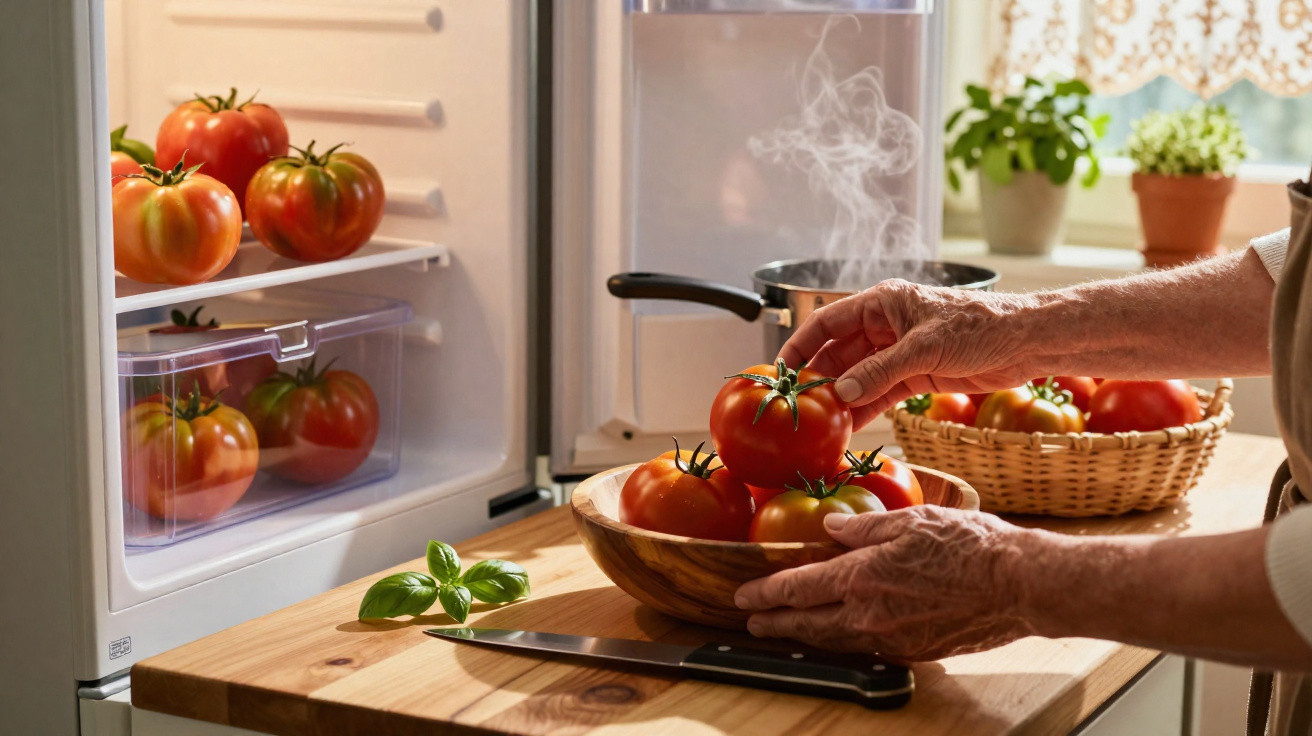 Mãos seguram tomates vermelhos em uma tigela de madeira na cozinha próxima à geladeira aberta.