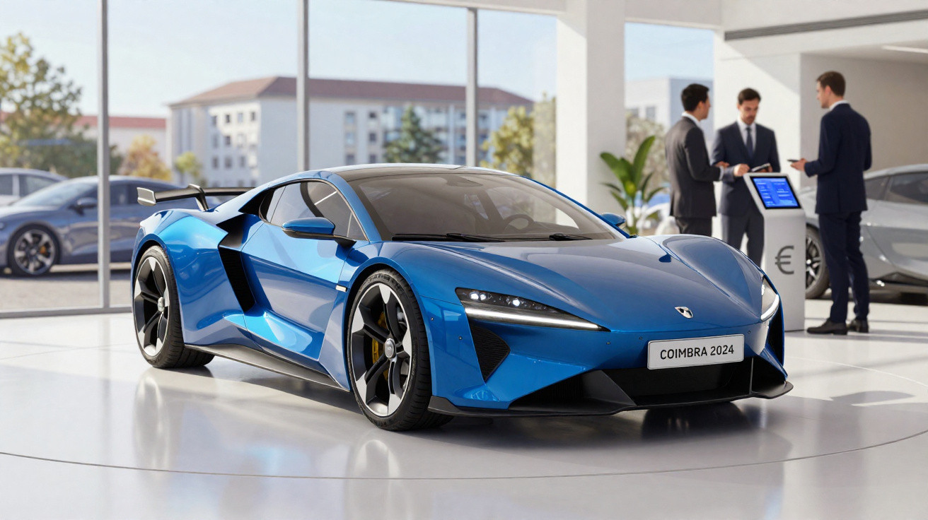 Carro esportivo azul COIMBRA 2024 em exposição em showroom com três pessoas ao fundo.