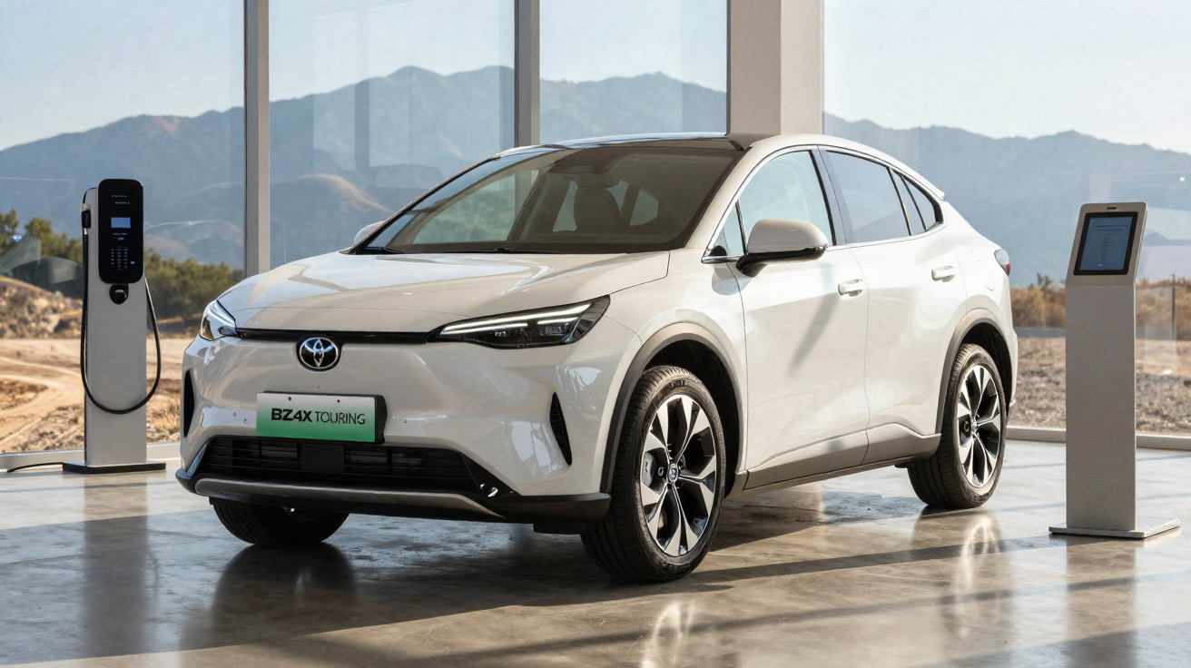 Carro elétrico Toyota BZ4X branco estacionado em garagem com paisagem de montanhas ao fundo.