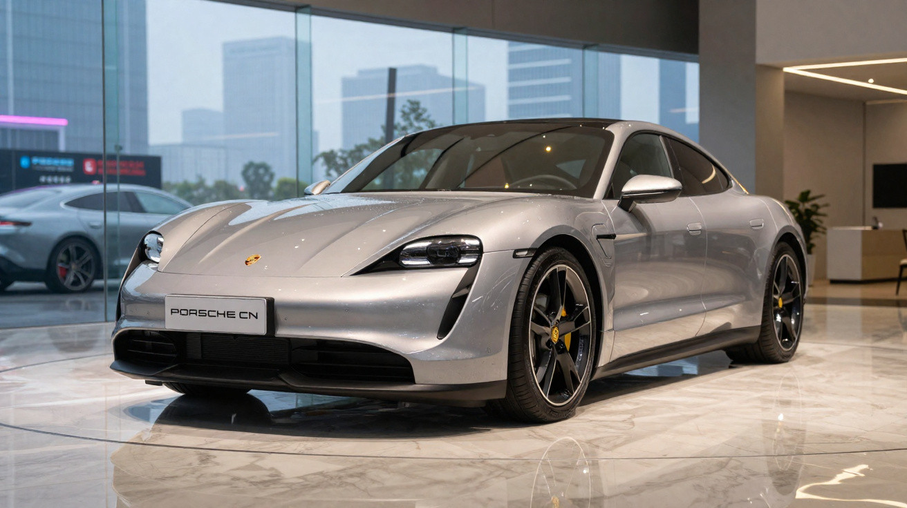 Carro esportivo Porsche Taycan branco exposto em showroom com prédios ao fundo.