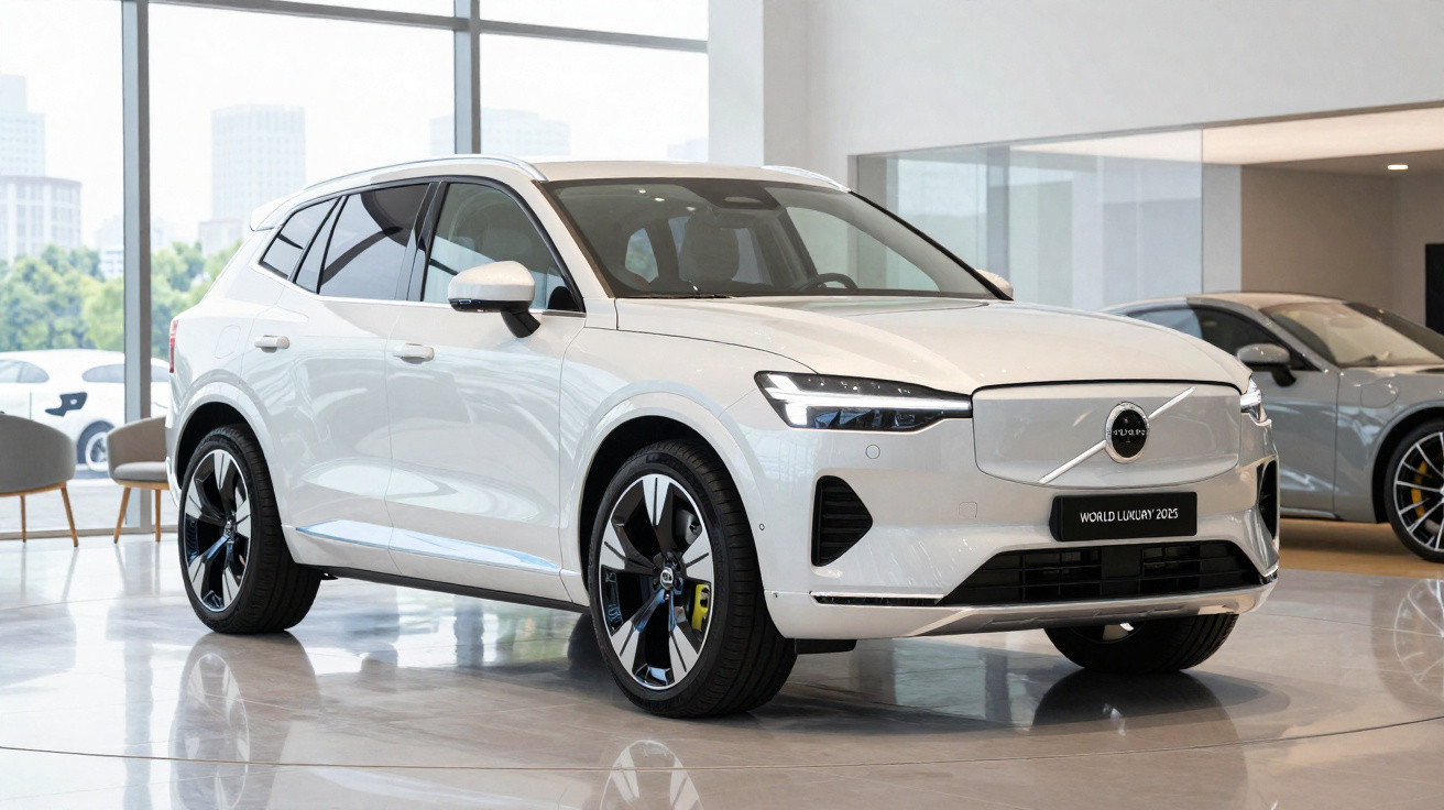 Carro branco Volvo elétrico SUV exibido em showroom moderno e iluminado, com piso refletivo.