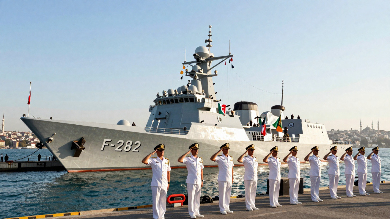 Marinheiros alinhados em um cais saudando um navio de guerra cinza decorado com bandeirolas coloridas.