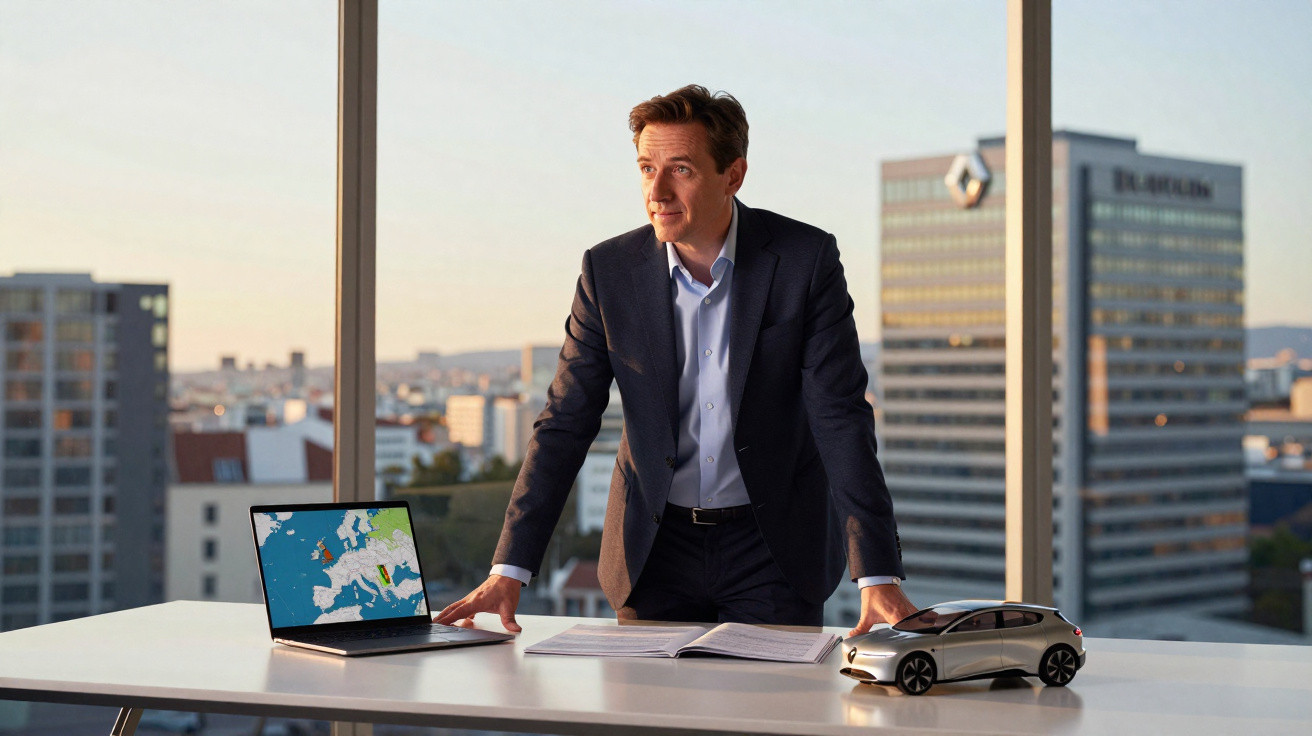 Homem em terno analisando laptop e planilha em escritório com vista urbana e miniatura de carro elétrico na mesa.