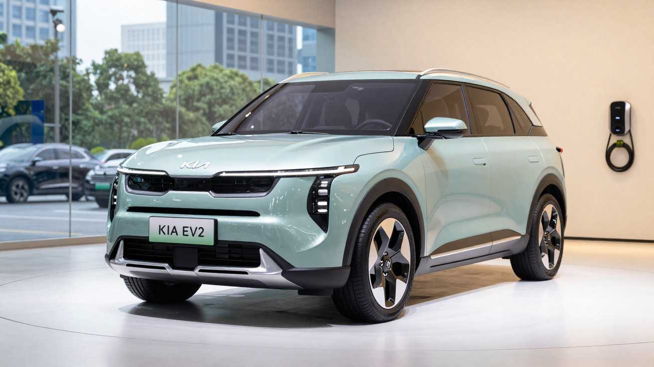 Carro elétrico Kia EV2 azul claro estacionado em showroom com carregador na parede ao fundo.